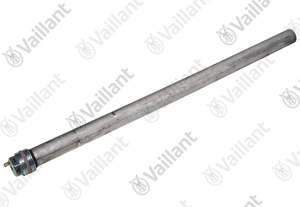 Vaillant-Anode aus Metall mit Gewinde. Langer zylindrischer Körper, ein Ende mit Anschluss und Dichtung. Geeignet für Heizungsanlagen.